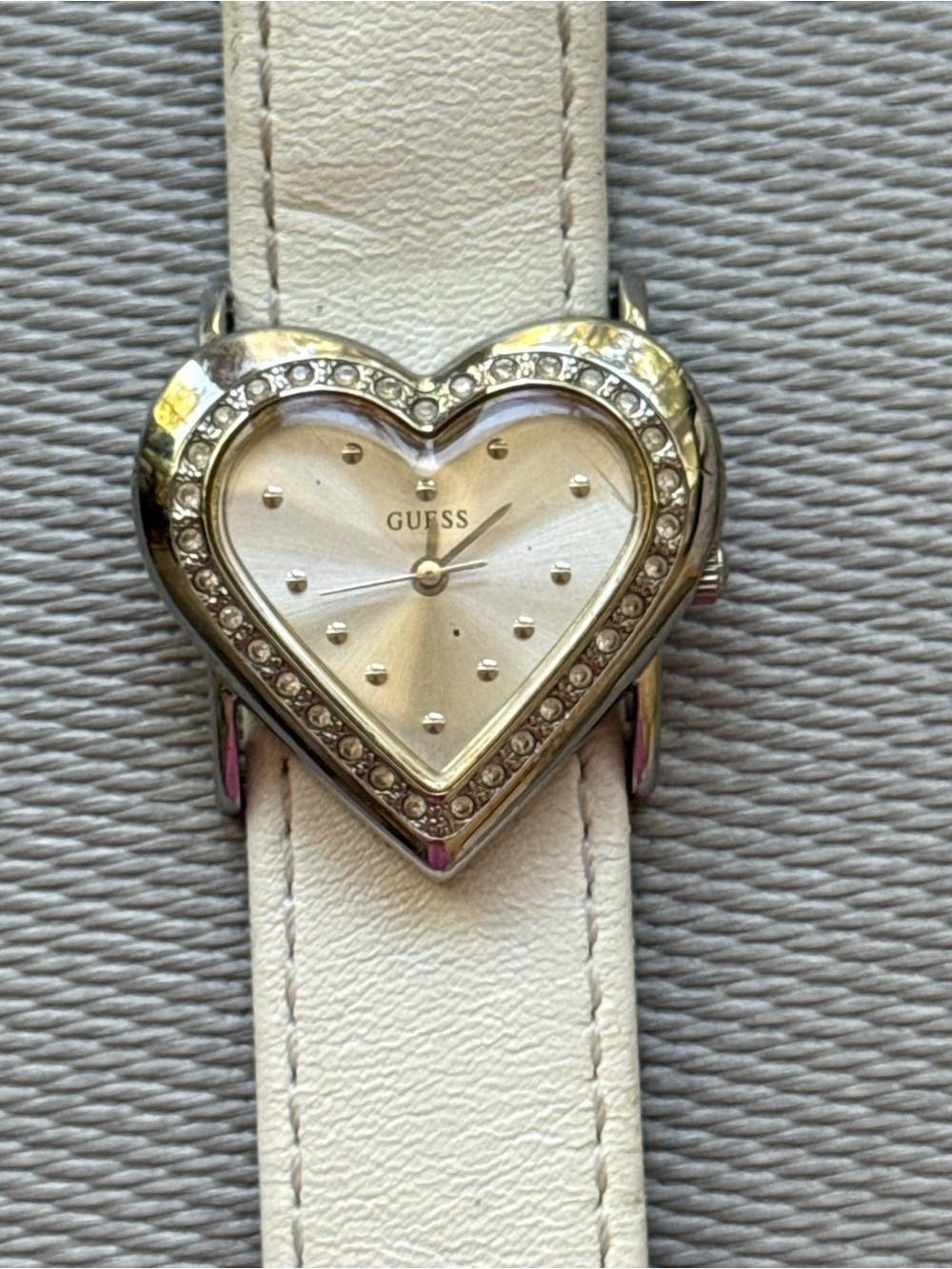 GUESS Heart-Shaped Crystal Bezel Watch with White Leather Strap